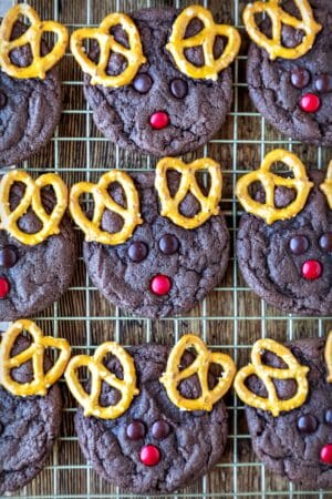 Reindeer cookies on a gold wire baking rack