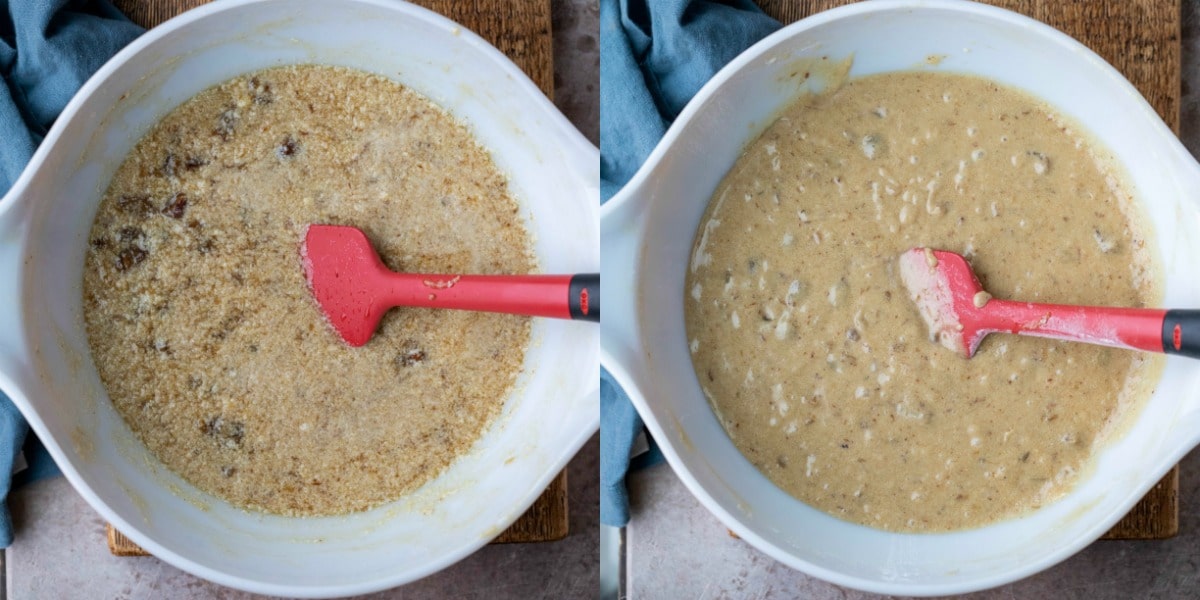 Sticky toffee pudding batter in a white mixing bowl
