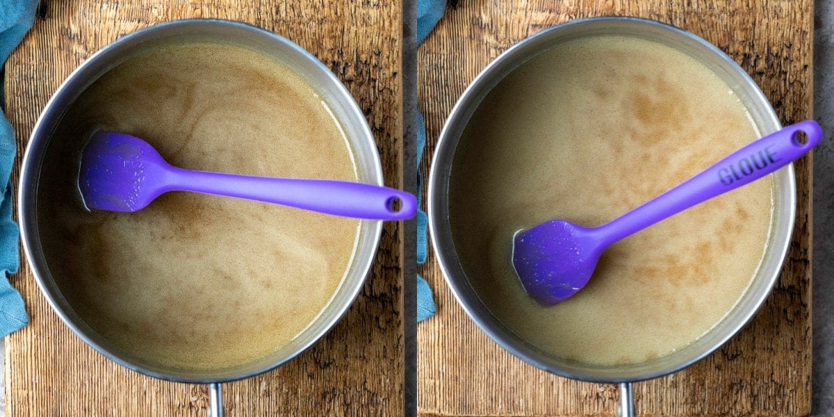 Sticky toffee cake pudding sauce in a metal saucepan