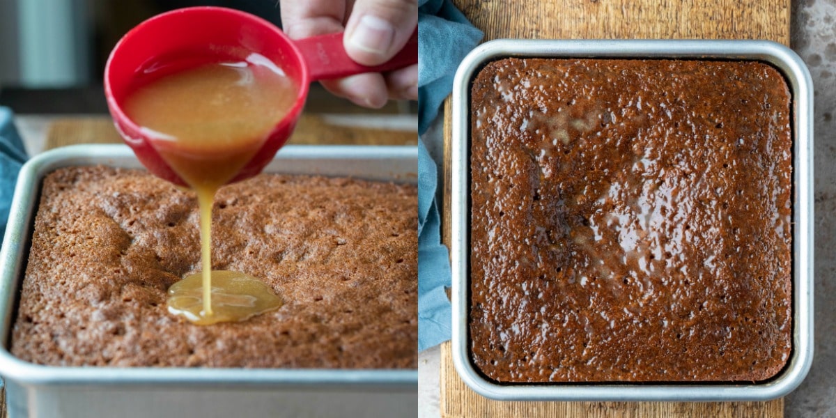 Measuring cup pouring sauce onto sticky toffee pudding cake