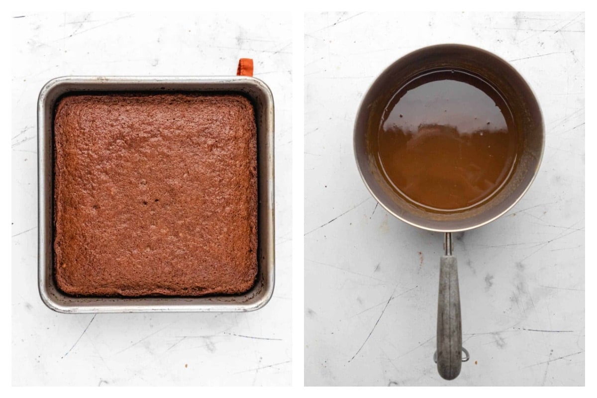 Baked sticky toffee pudding cake in a pan next to sauce in a pot.