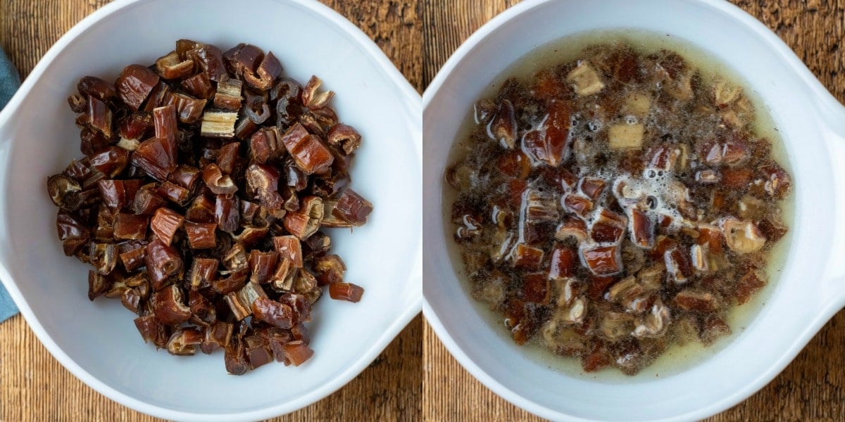 Dates soaking in a bowl of boiling water