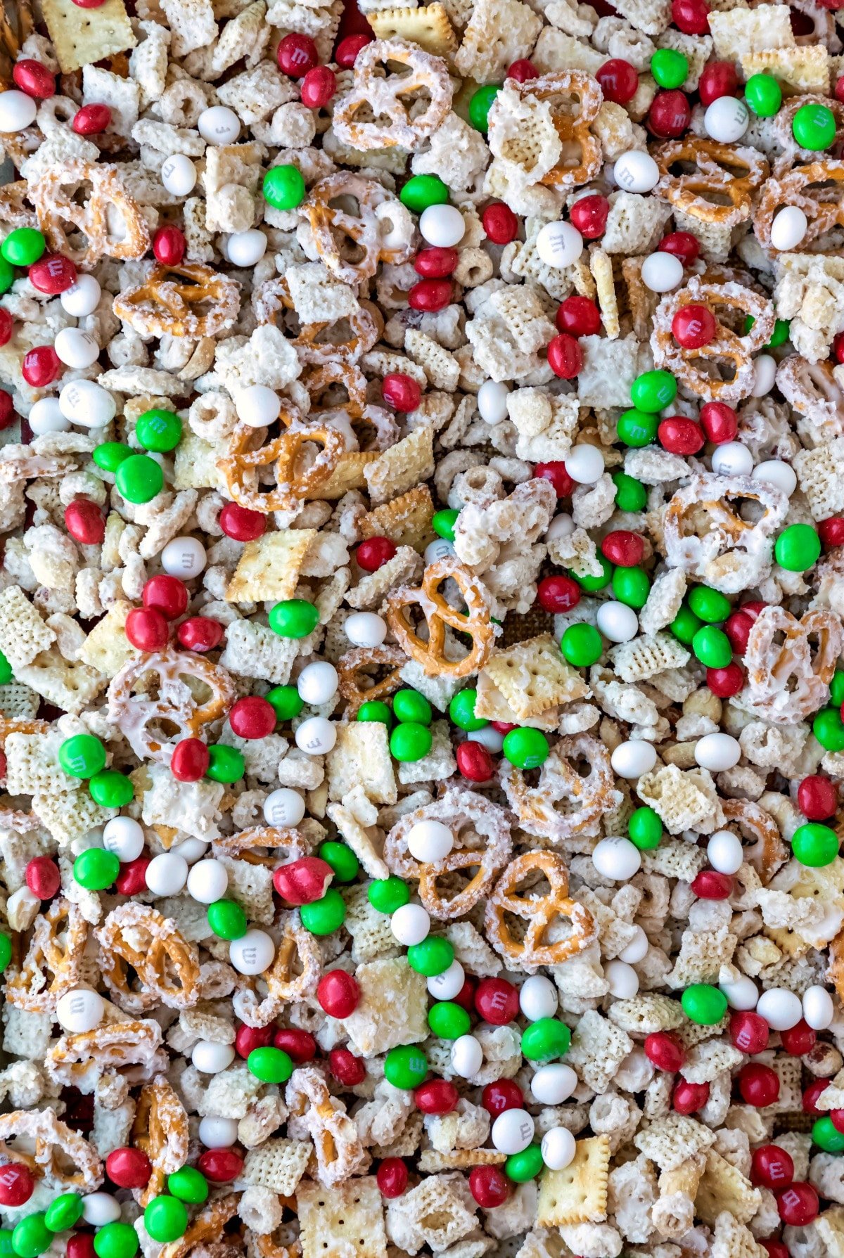 Tray full of white chocolate party mix