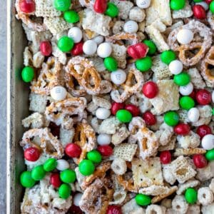 White chocolate party mix with cereal pretzels and M&MS