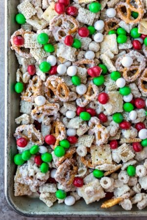 White chocolate party mix with cereal pretzels and M&MS