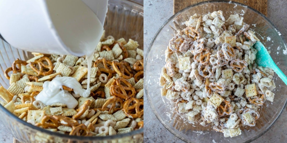 Melted almond bark pouring onto a cereal mixture