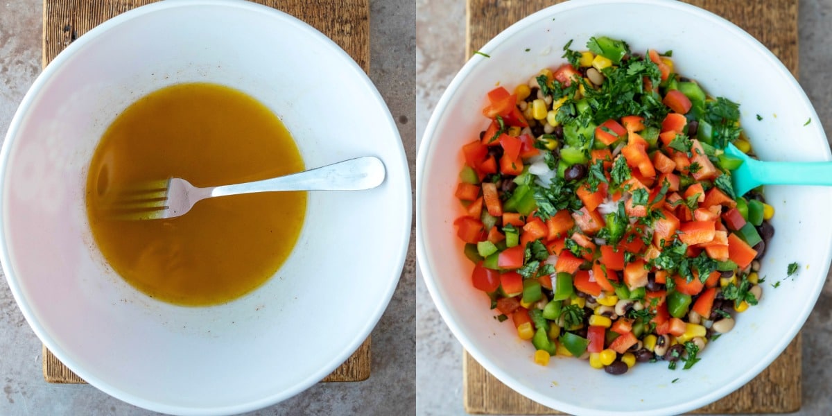 Cowboy caviar dressing in a white mixing bowl