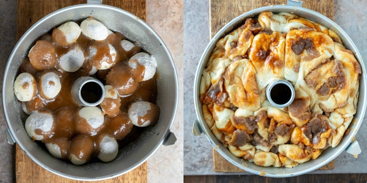 Unbaked sticky buns in a silver tube pan