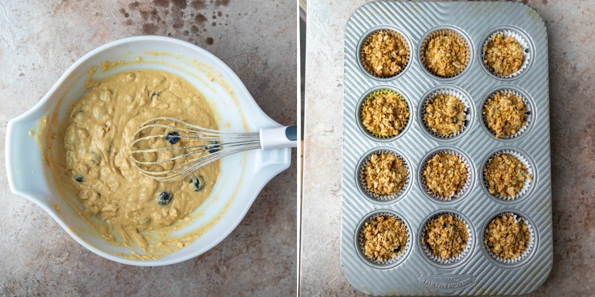 granola muffin batter in a muffin tin