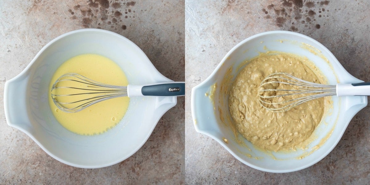 Granola muffin batter in a white mixing bowl