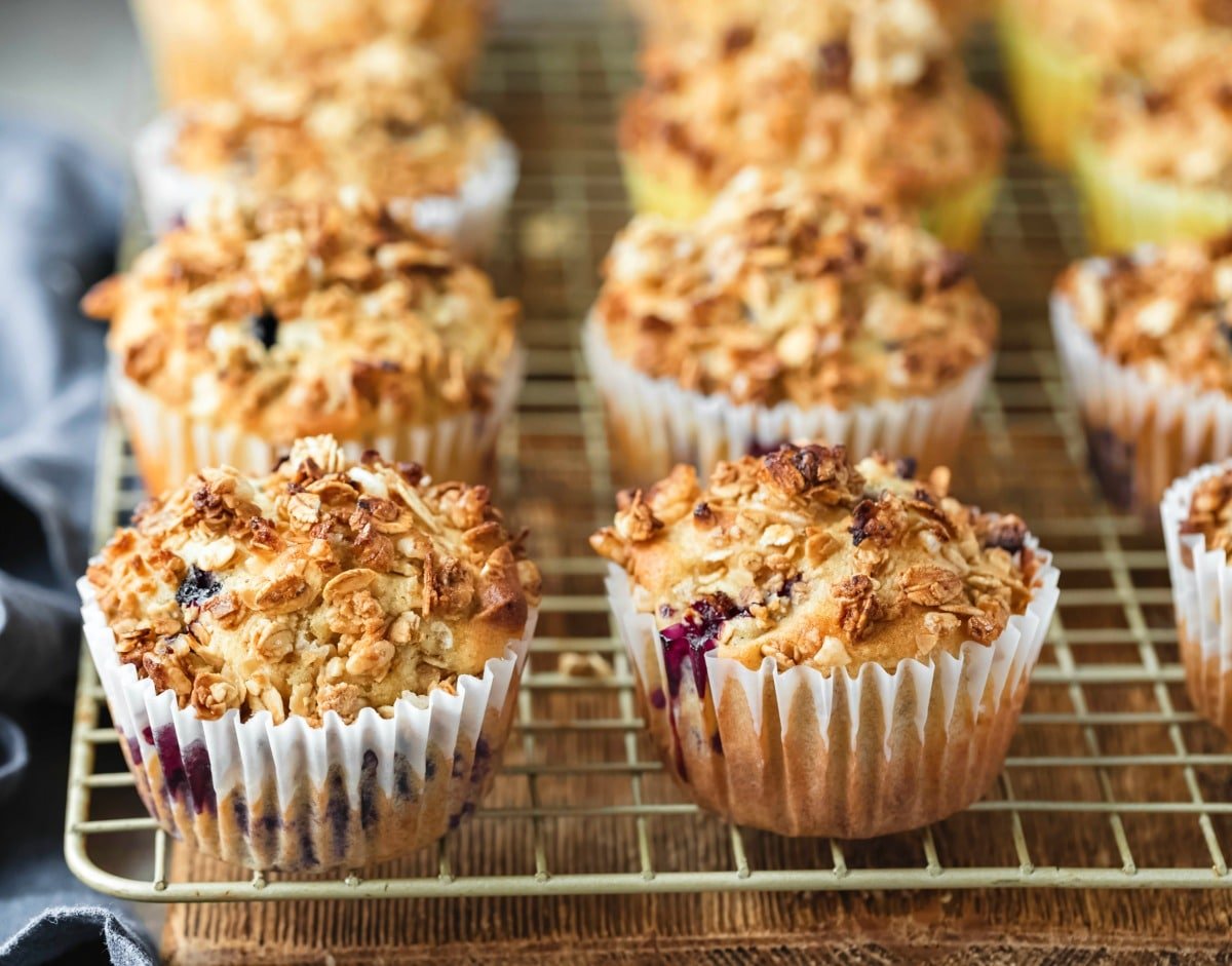 Rows of granola muffins on a wire cooling rack