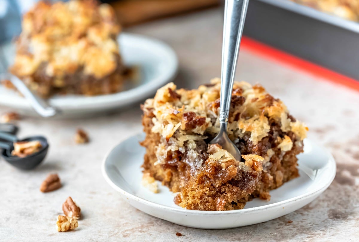 Slice of oatmeal cake with a fork in it