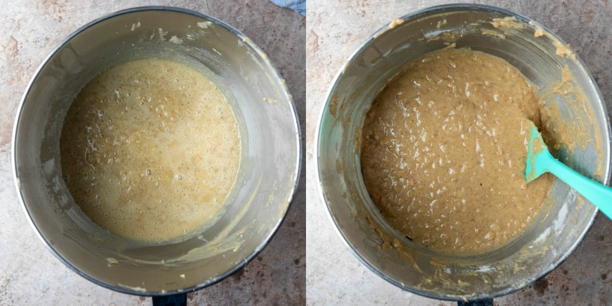 Oatmeal cake batter in a silver mixing bowl