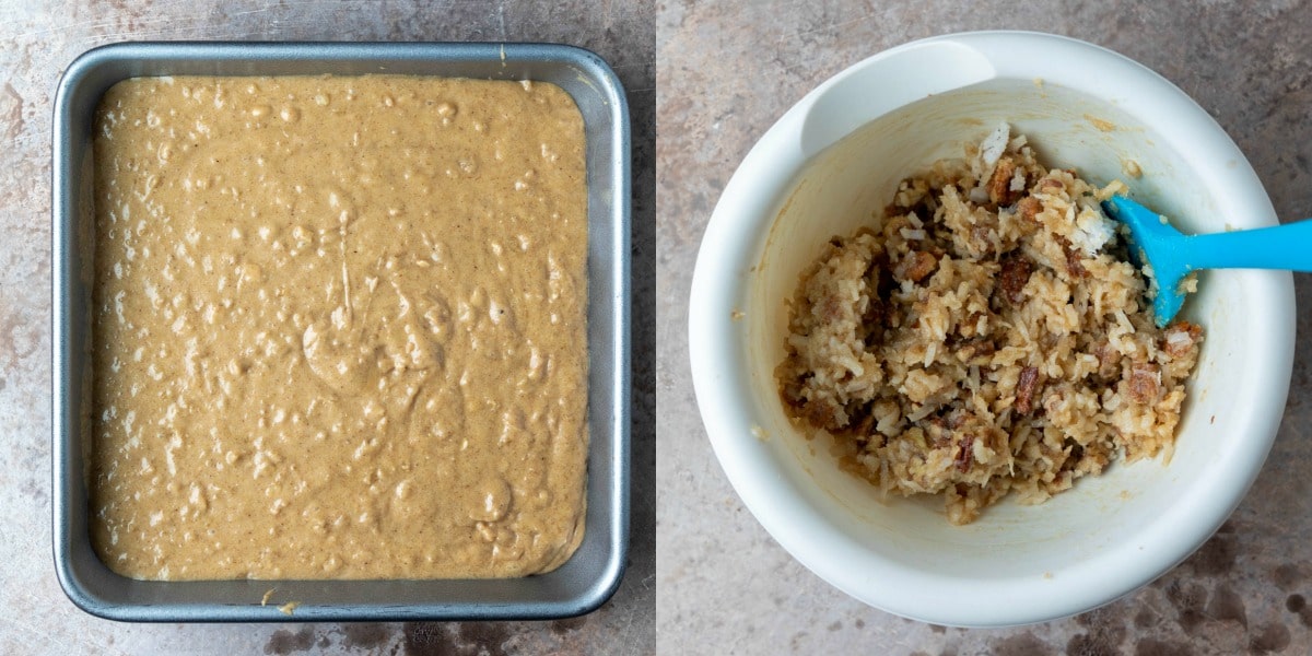 Oatmeal cake batter in a square baking pan