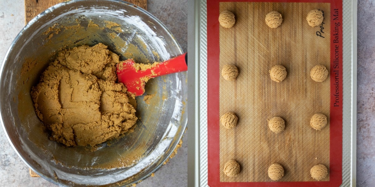 Pfeffernusse cookie dough in a silver mixing bowl