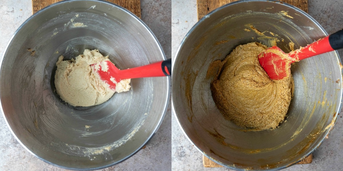 Creamed butter and sugar in a silver mixing bowl