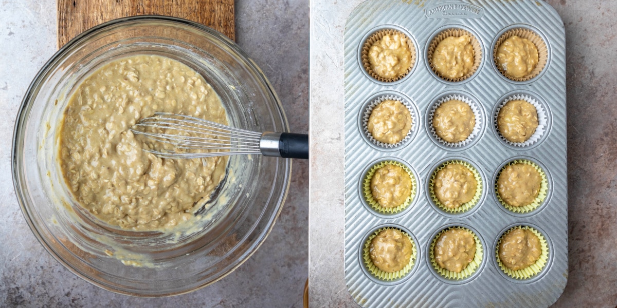 Banana oatmeal muffin batter in a muffin tin