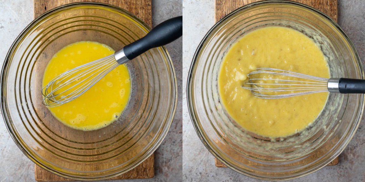 egg and sugar in a glass mixing bowl