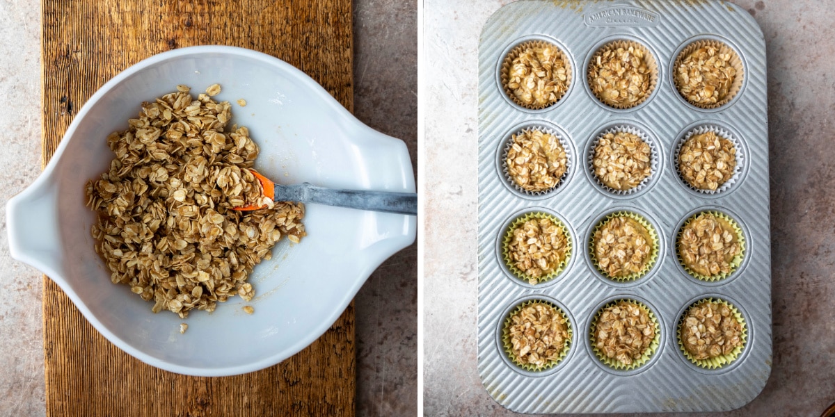 Oatmeal topping in a white mixing bowl