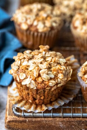 Banana Oatmeal Muffins on a wire cooling rack