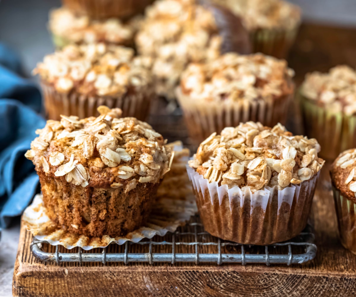 Stack of banana oatmeal muffins on a wire cooling rack