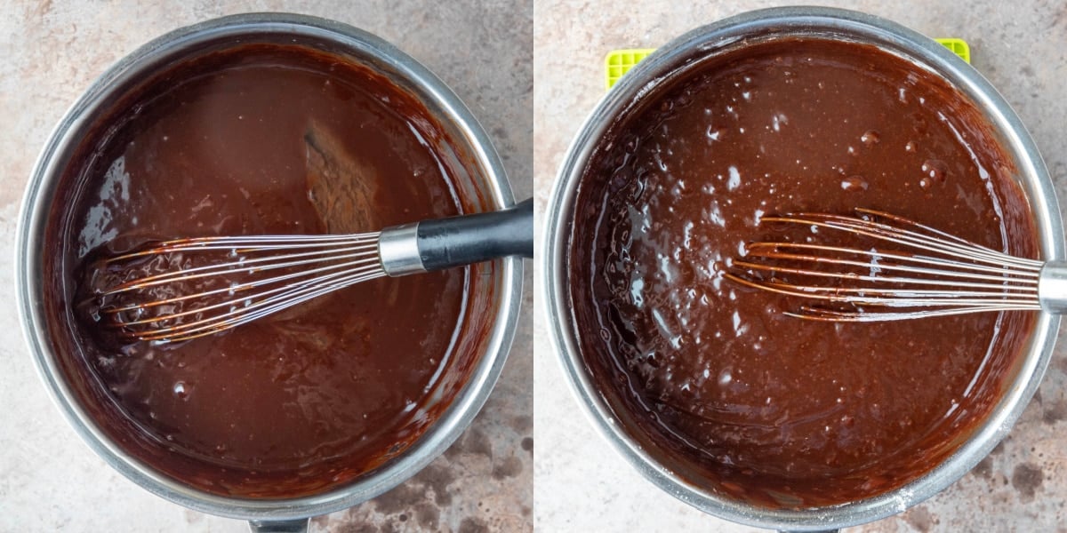 Brownie batter in a saucepan.