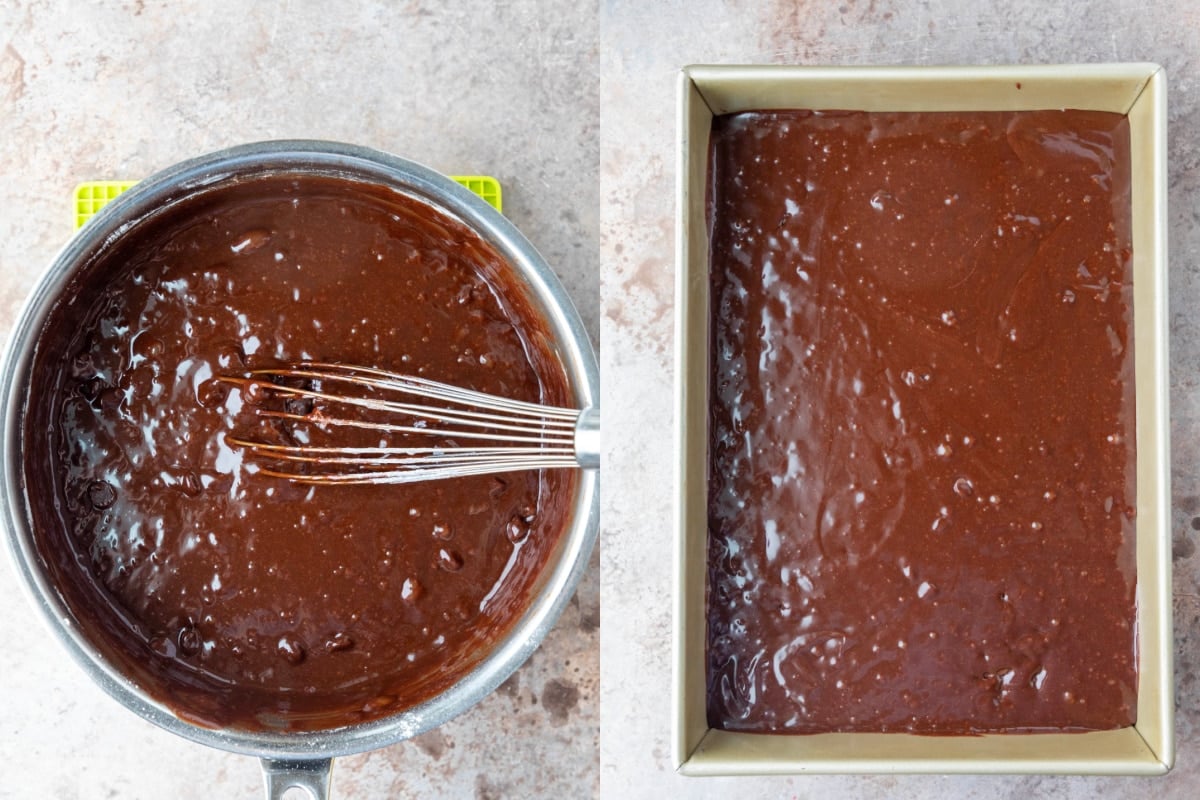 Brownie batter in a 9x13 pan