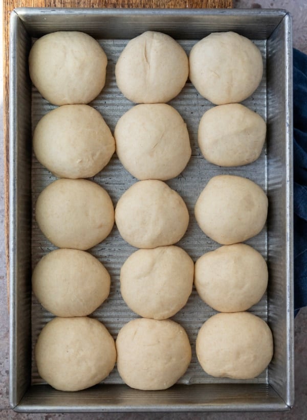 Pan of unbaked whole wheat rolls