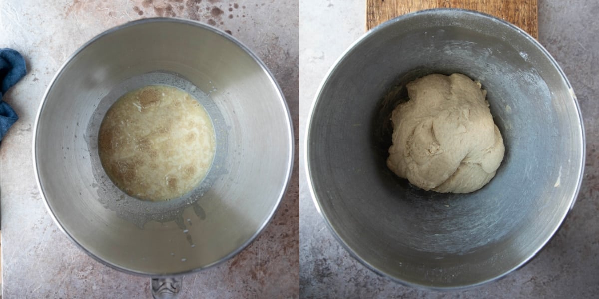 proofed yeast in a silver mixing bowl