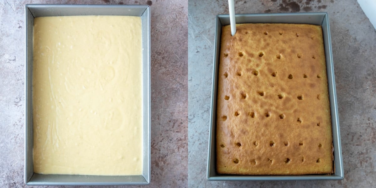 spoon poking holes in baked cake