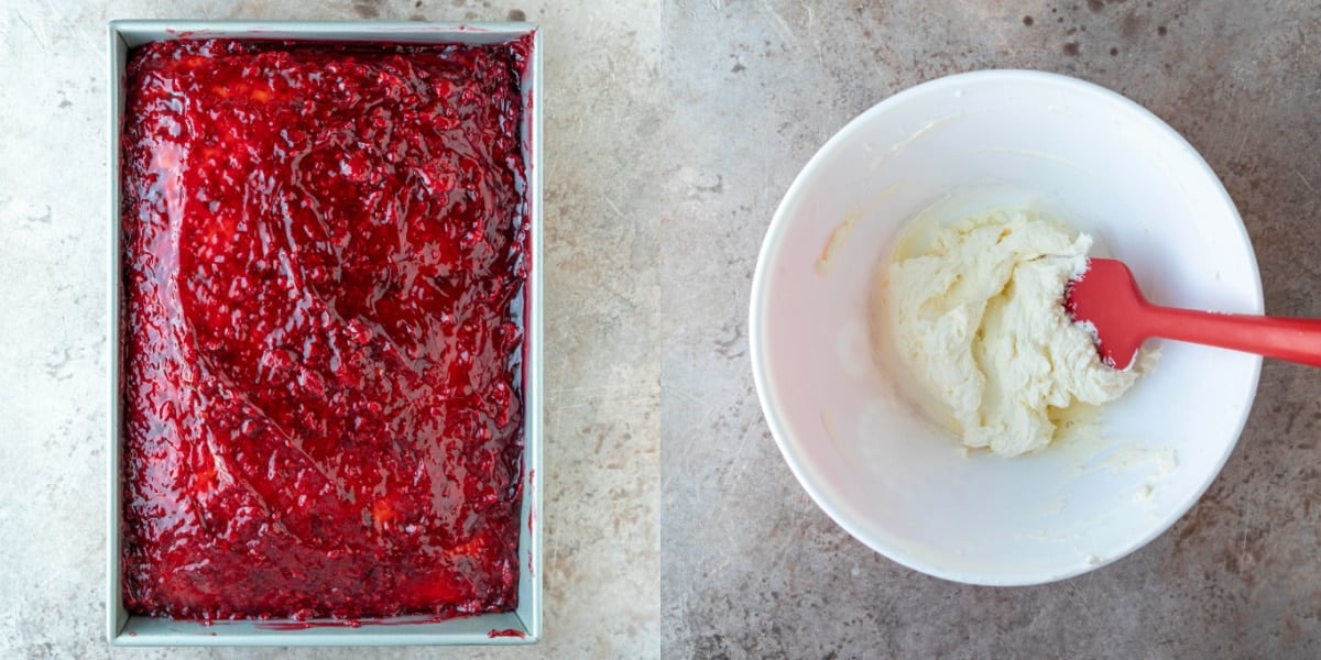 raspberry filling over a sheet cake