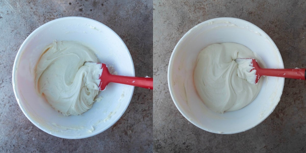 cream cheese frosting in a white mixing bowl