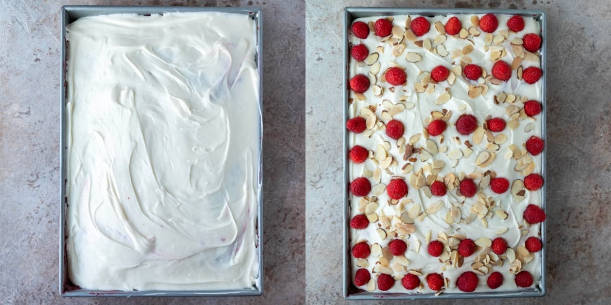 cream cheese frosting on a sheet cake