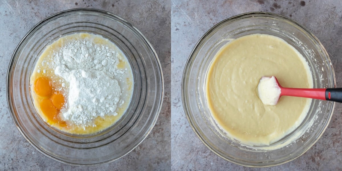 cake mix and eggs in a glass bowl