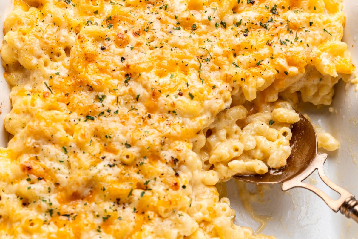 Baked Mac and Cheese Recipe A spoon holding a scoop of baked mac and cheese in a casserole dish.