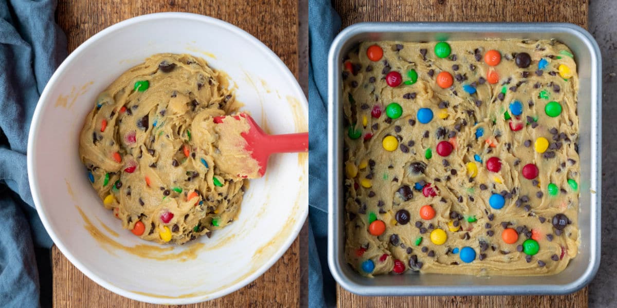 M&M cookie bar dough in a white mixing bowl