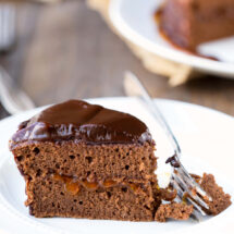 Sacher Torte slice on a white plate with a fork
