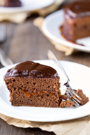 Sacher Torte slice on a white plate with a fork