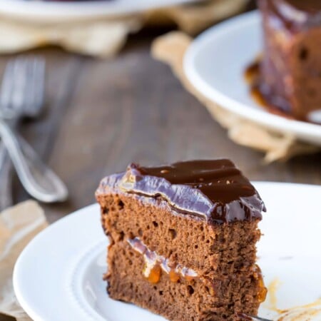 A slice of sacher torte with a bite missing.