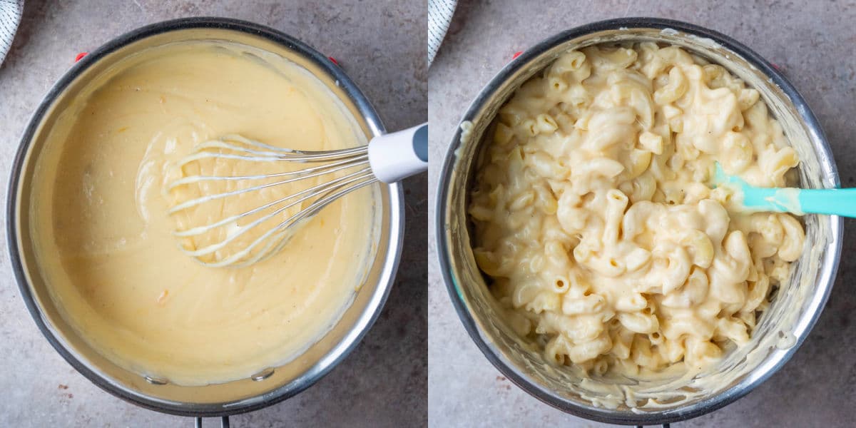 homemade cheese sauce in a silver saucepan