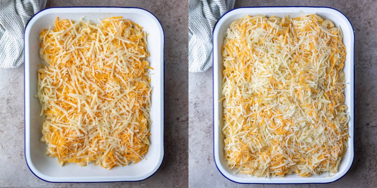 Unbaked baked mac and cheese in a pan