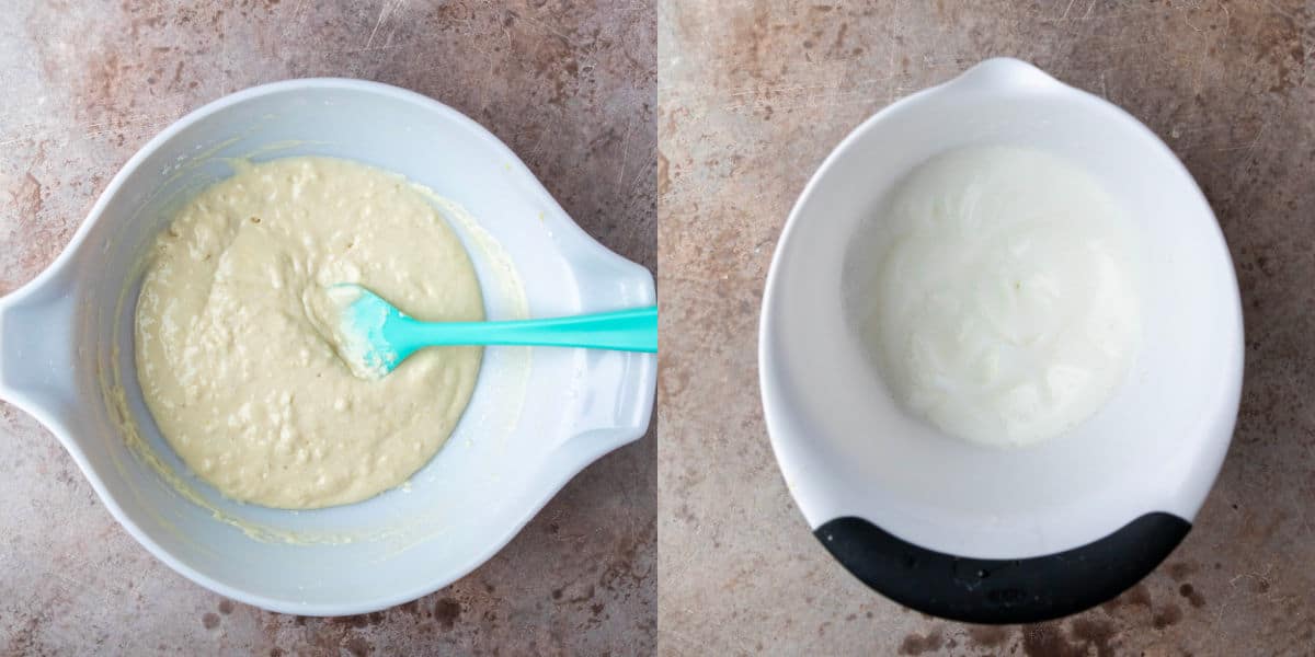 soft peak egg whites in a mixing bowl