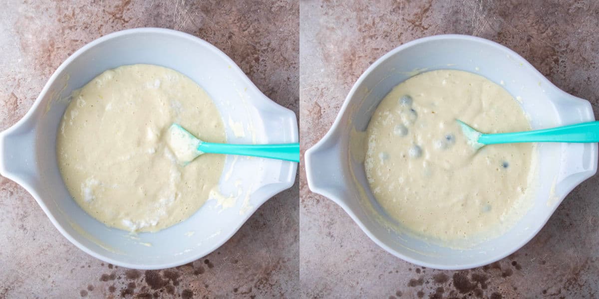 blueberry pancake batter in a mixing bowl