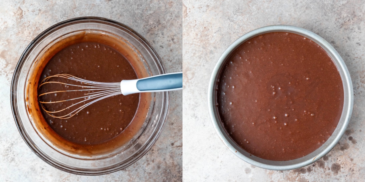 brownie cake batter in a glass mixing bowl