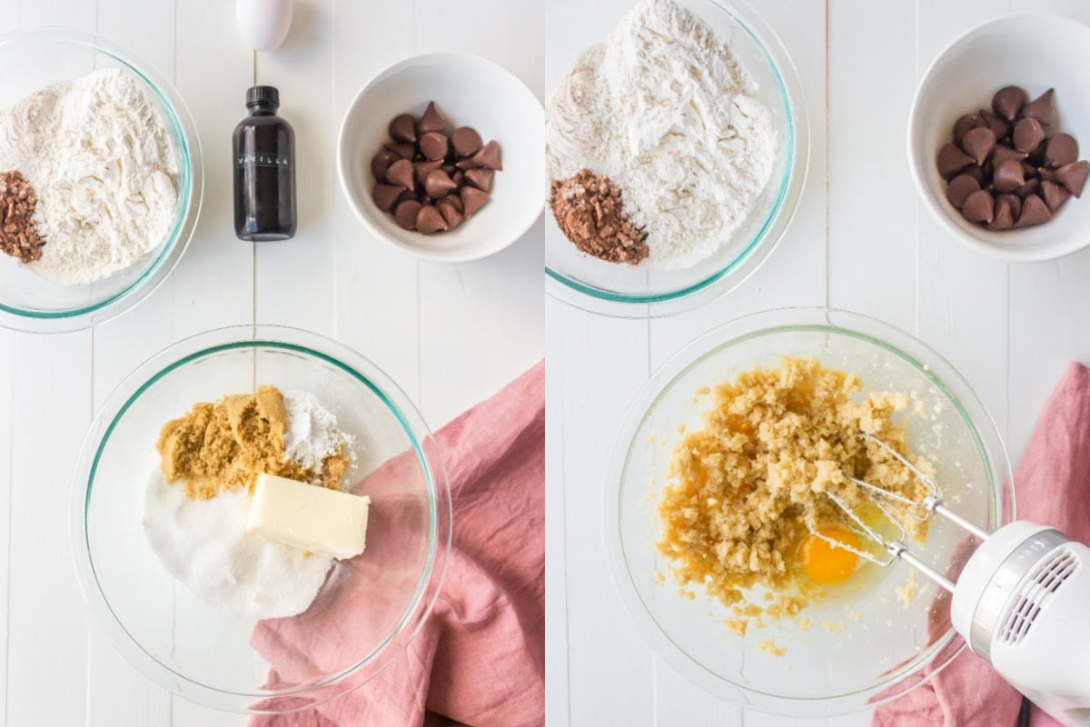 butter and sugars in a glass mixing bowl