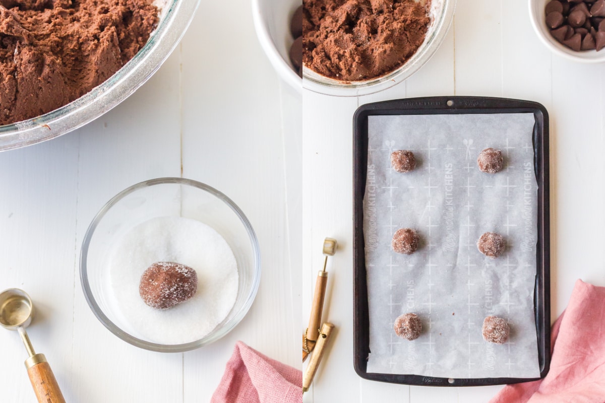 scoops of chocolate cookie dough on a baking sheet