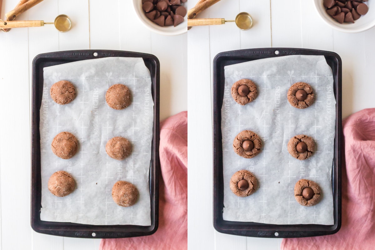 chocolate kiss cookies on a baking sheet