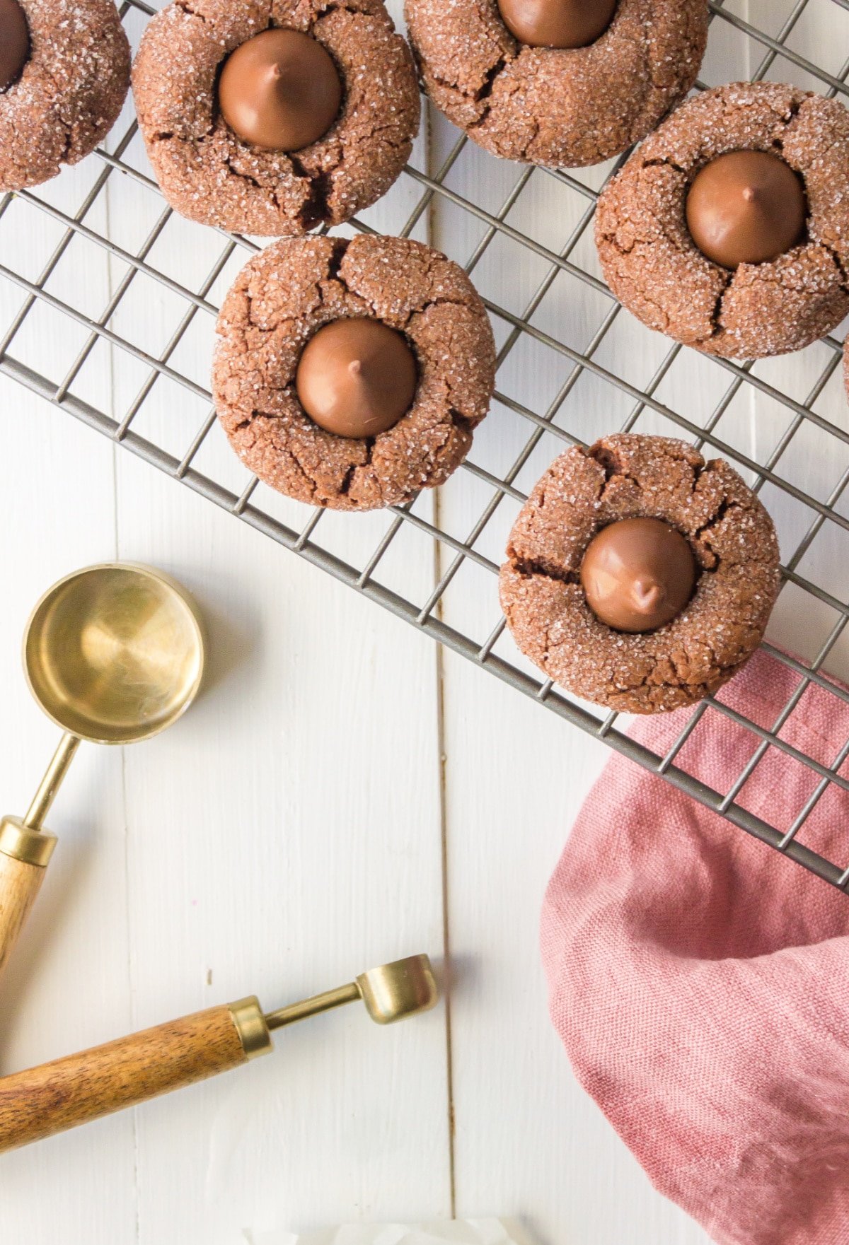 chocolate kiss cookies on a wire cooling rack