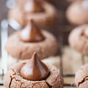 Chocolate kiss cookies on a wire cooling rack