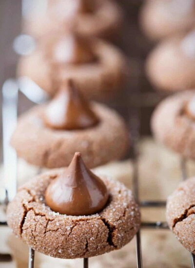 Chocolate kiss cookies on a wire cooling rack